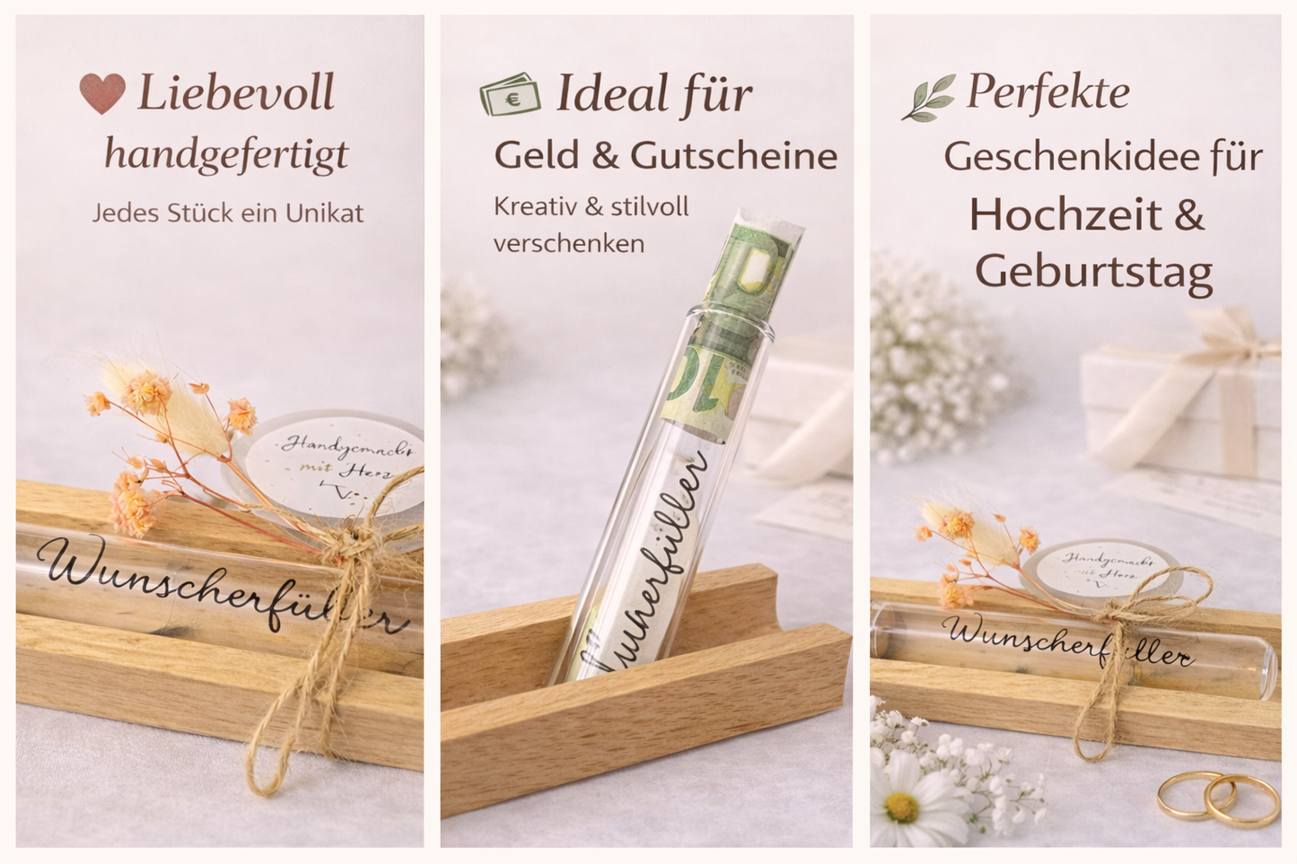 🌿 Wunscherfüller Natur – Reagenzglas Geldgeschenk mit Trockenblumen (16×4 cm)