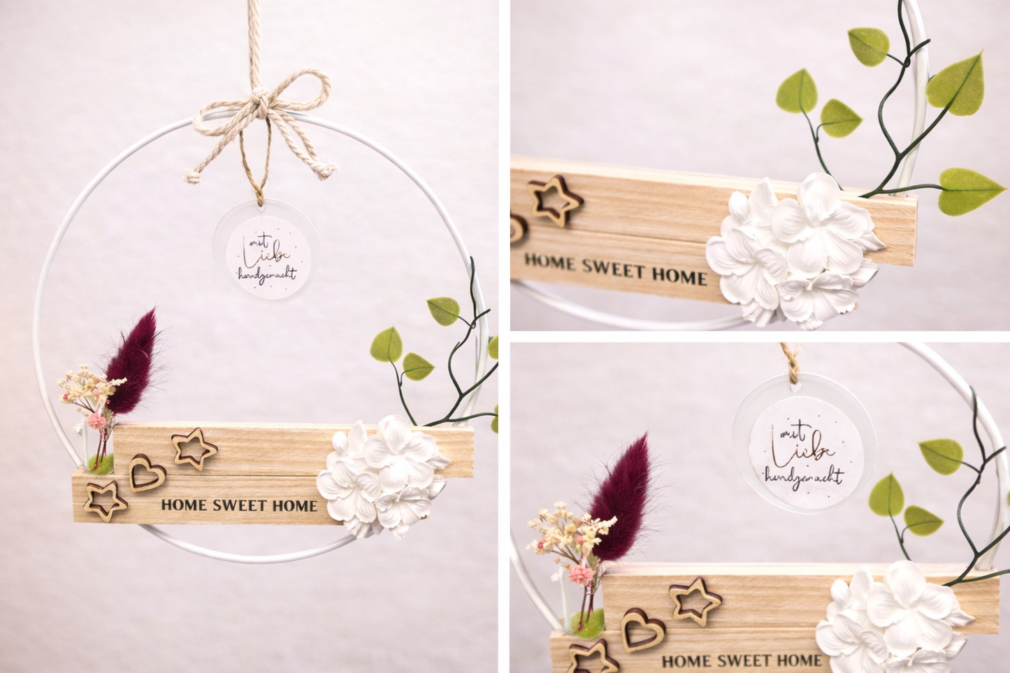 Home Sweet Home Dekoanhänger – Metallring mit Holz & Raysin