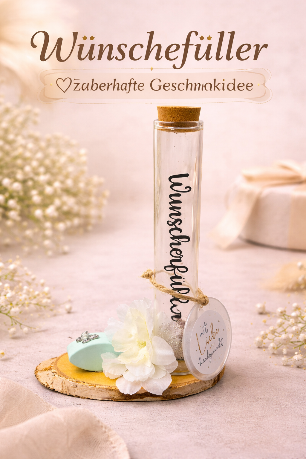 🌿 Wunscherfüller Mini – Reagenzglas Geldgeschenk mit Holz & Blume