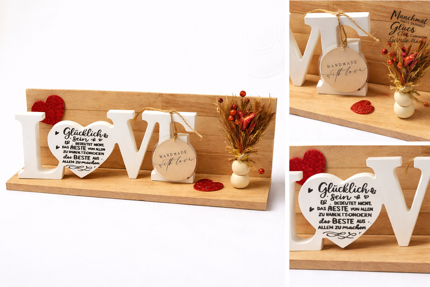 LOVE Dekoschrift „Glücklich sein“ – handgefertigte Holz & Raysin Deko