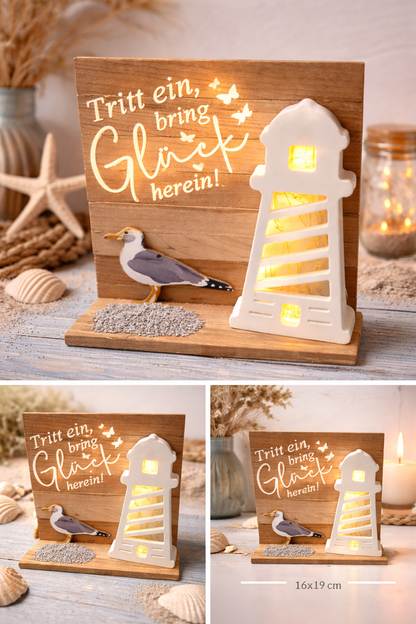 „Maritimes Holz-Deko-Set mit Leuchtturm & Beleuchtung“