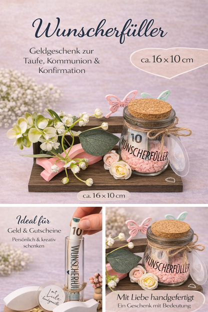 Wunscherfüller mit Glas – Geldgeschenk zur Taufe, Kommunion & Konfirmation
