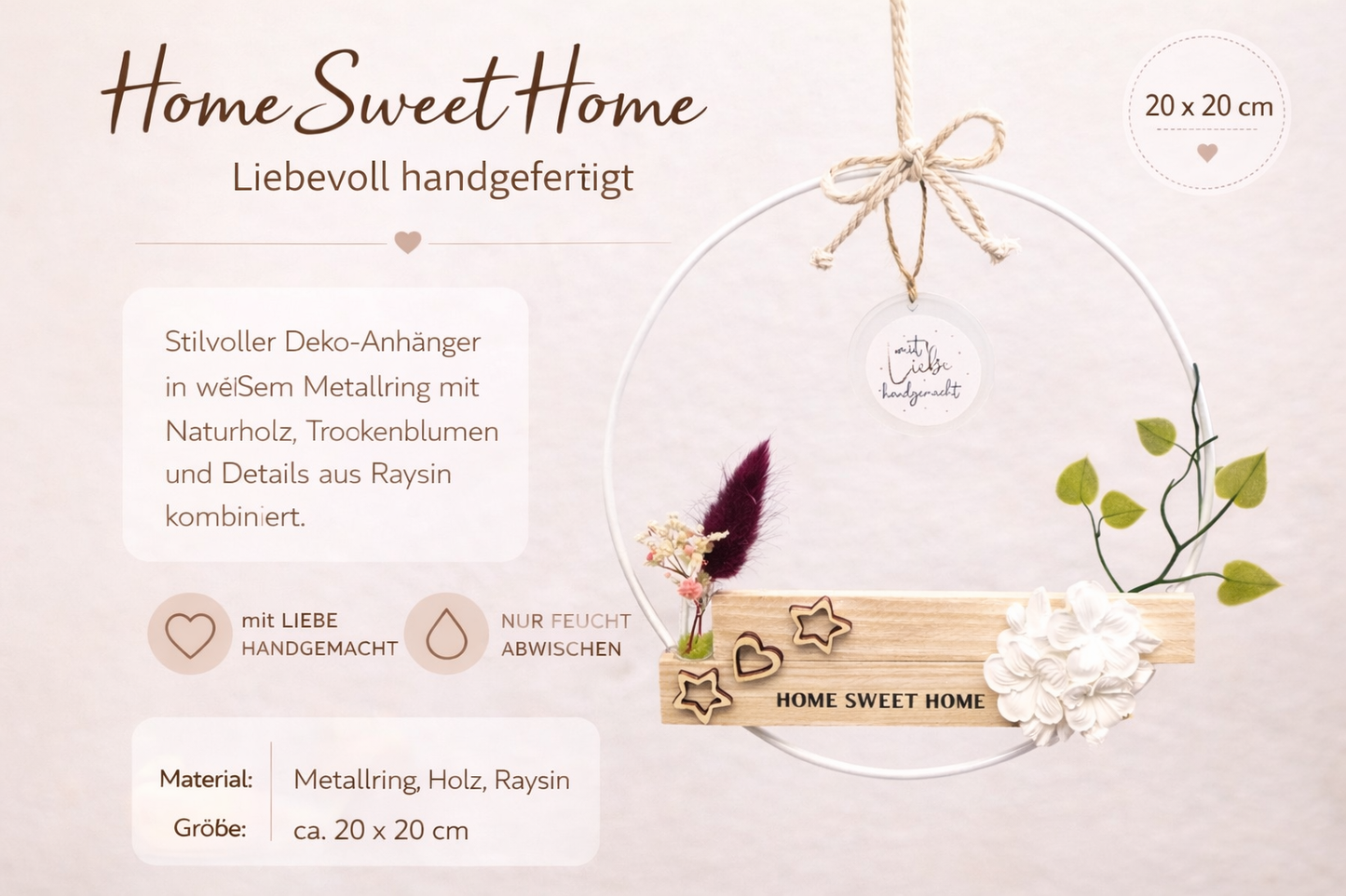 Home Sweet Home Dekoanhänger – Metallring mit Holz & Raysin