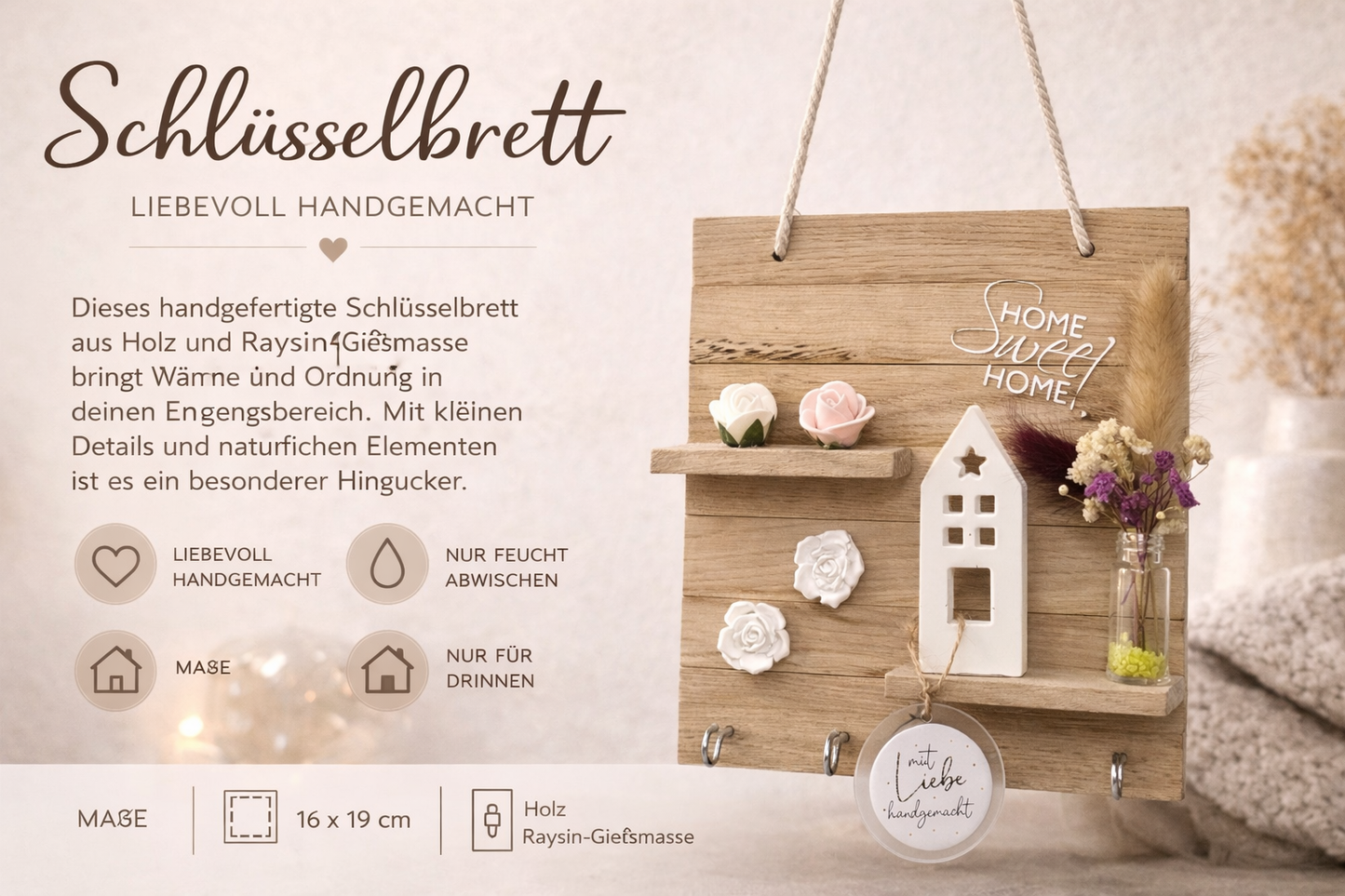 Home Sweet Home Schlüsselbrett – Liebevoll handgefertigte Holz & Raysin Deko