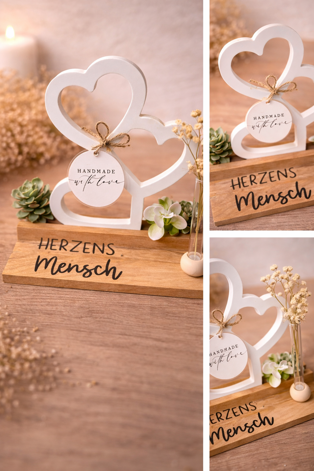 „Handgefertigte Holz-Deko mit Resin-Herzen & Mini-Vase“