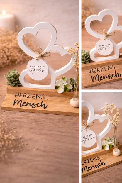„Handgefertigte Holz-Deko mit Resin-Herzen & Mini-Vase“