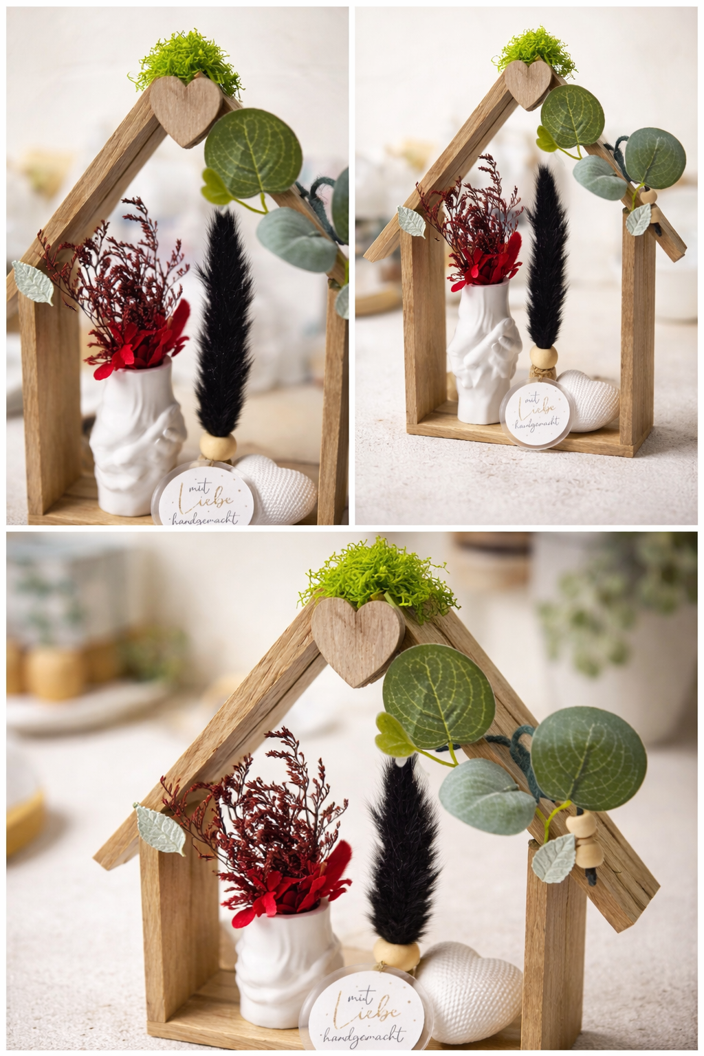 „Handgefertigtes Holz-Dekohaus ‚Mit Liebe‘ mit Herz & Vase“
