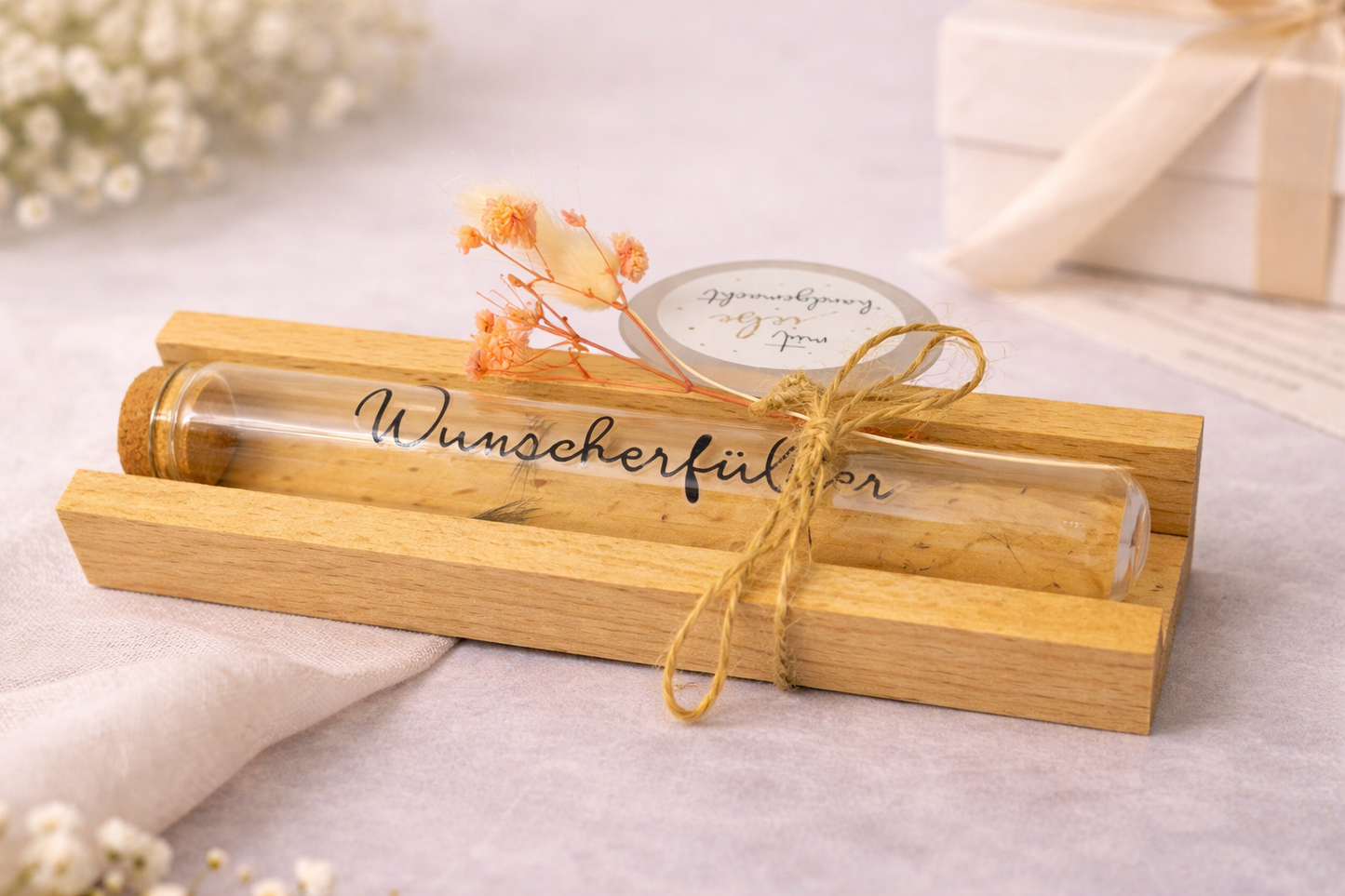 🌿 Wunscherfüller Natur – Reagenzglas Geldgeschenk mit Trockenblumen (16×4 cm)