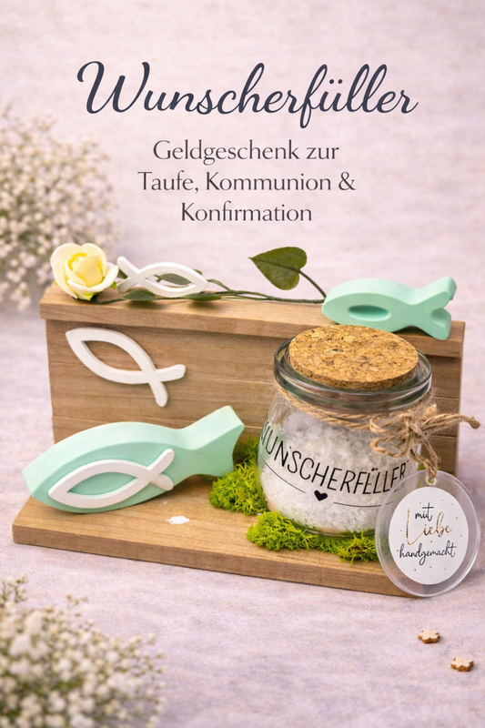 Wunscherfüller Mini – Geldgeschenk zur Taufe, Kommunion & Konfirmation (16×8 cm)