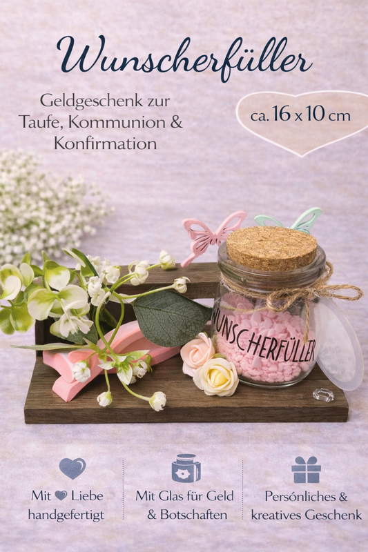 Wunscherfüller mit Glas – Geldgeschenk zur Taufe, Kommunion & Konfirmation