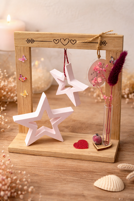 „Handgefertigte Holz-Deko mit Herz, Sternen & Trockenblumen“