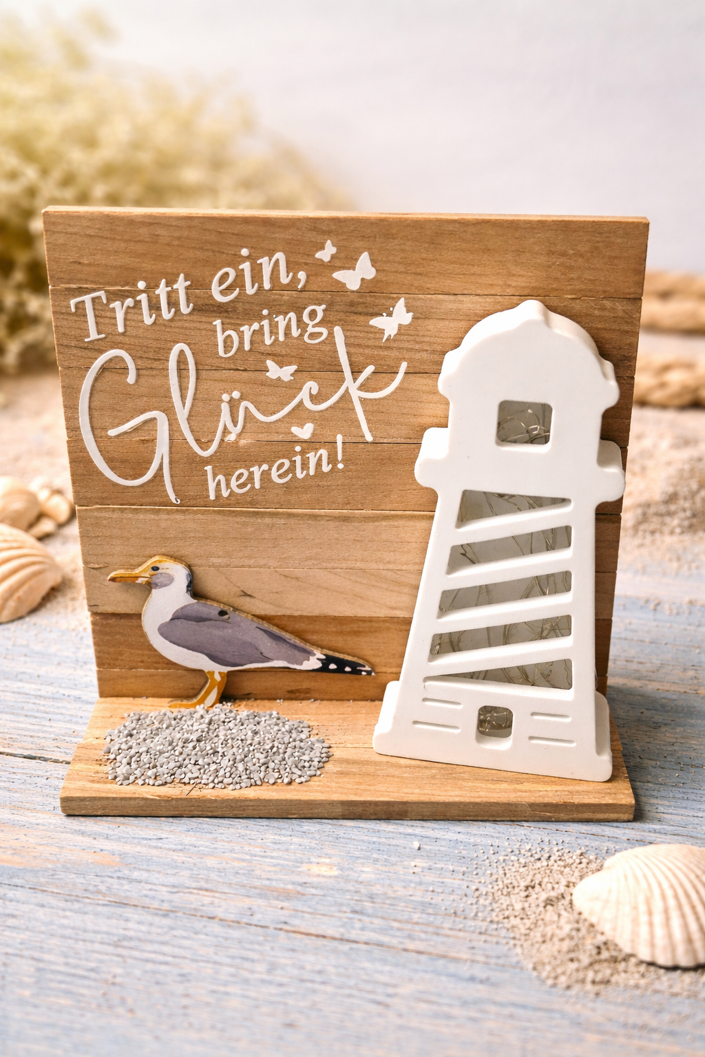 „Maritimes Holz-Deko-Set mit Leuchtturm & Beleuchtung“