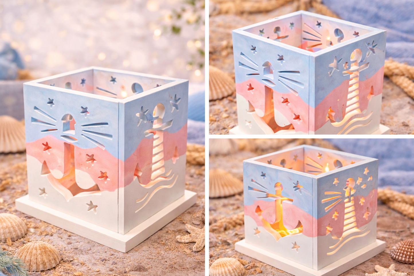Maritimes Windlicht mit Teelicht – Anker & Leuchtturm Design