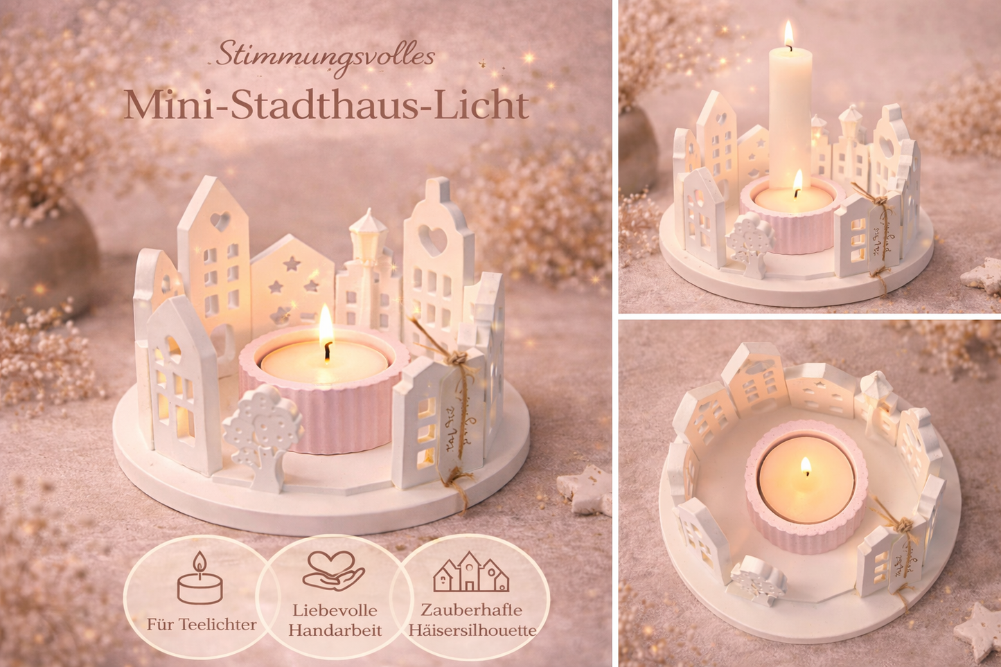Rundes Mini-Stadthaus-Lichterstück – Zauberhafte Häusersilhouette