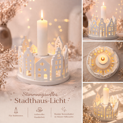 „Rundes Lichterstädtchen – Stadthaus-Licht in Häuser-Silhouette“