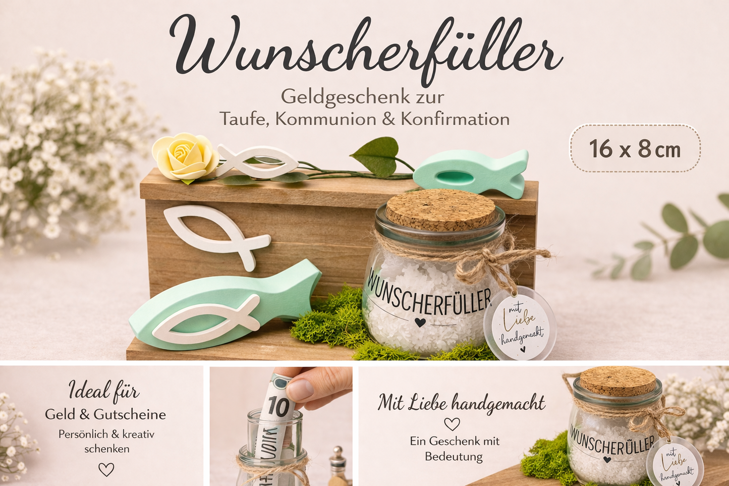 Wunscherfüller Mini – Geldgeschenk zur Taufe, Kommunion & Konfirmation (16×8 cm)