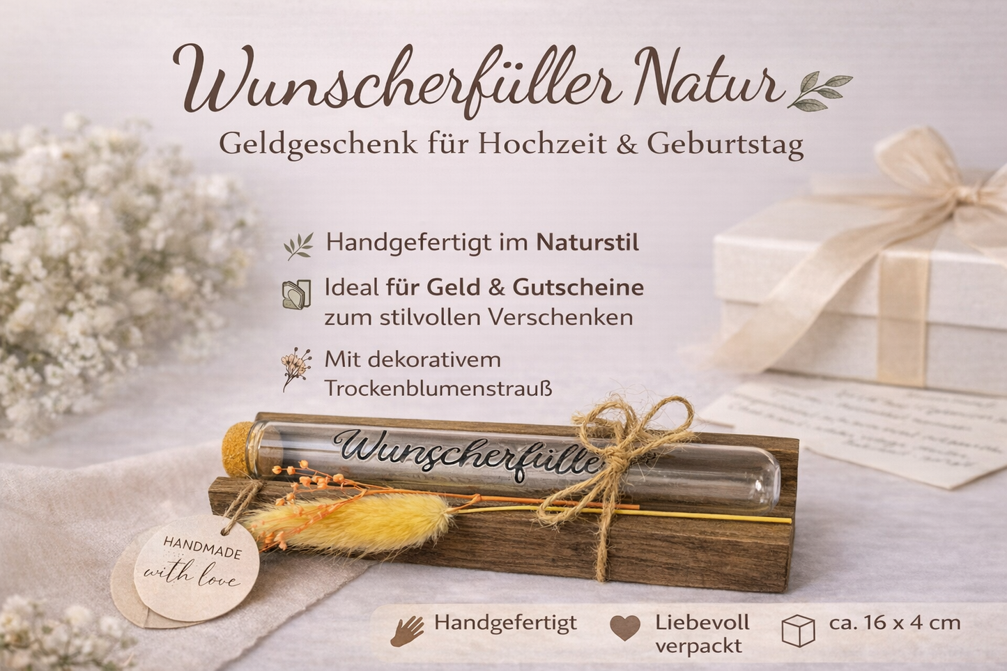 🌿 Wunscherfüller Natur – Reagenzglas Geldgeschenk mit Trockenblumen (16×4 cm)